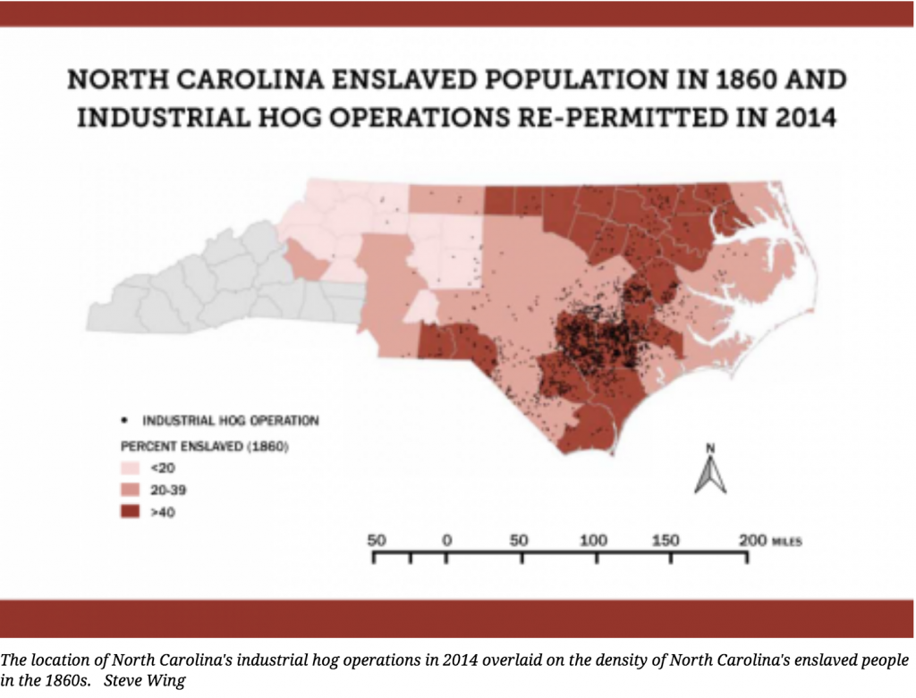 map of 2014 hog farms over 1860 enslaved pop in NC