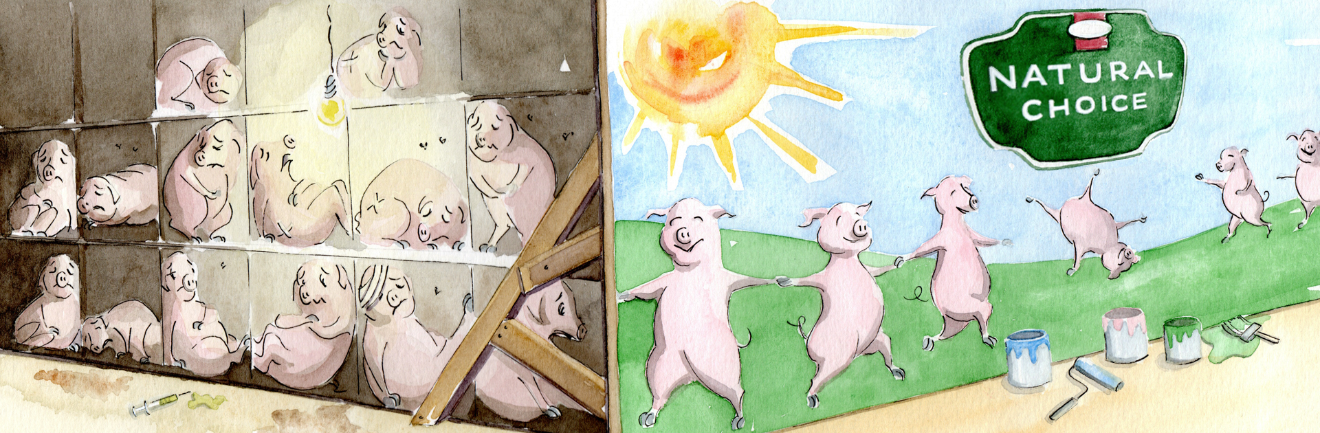Illustration of pigs in a pen on the left side and pigs dancing in a field on the right