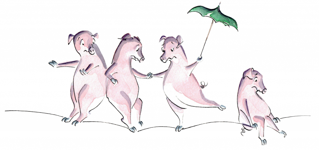A watercolor illustration of four pigs on a tightrope, one of which is carrying a green umbrella. They seem nervous.