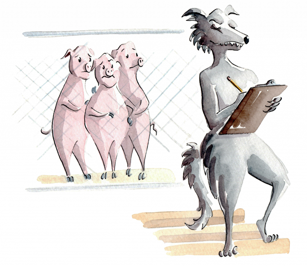 A watercolor illustration of a wolf taking notes on a clipboard. In the background are three pigs behind a chain link fence.